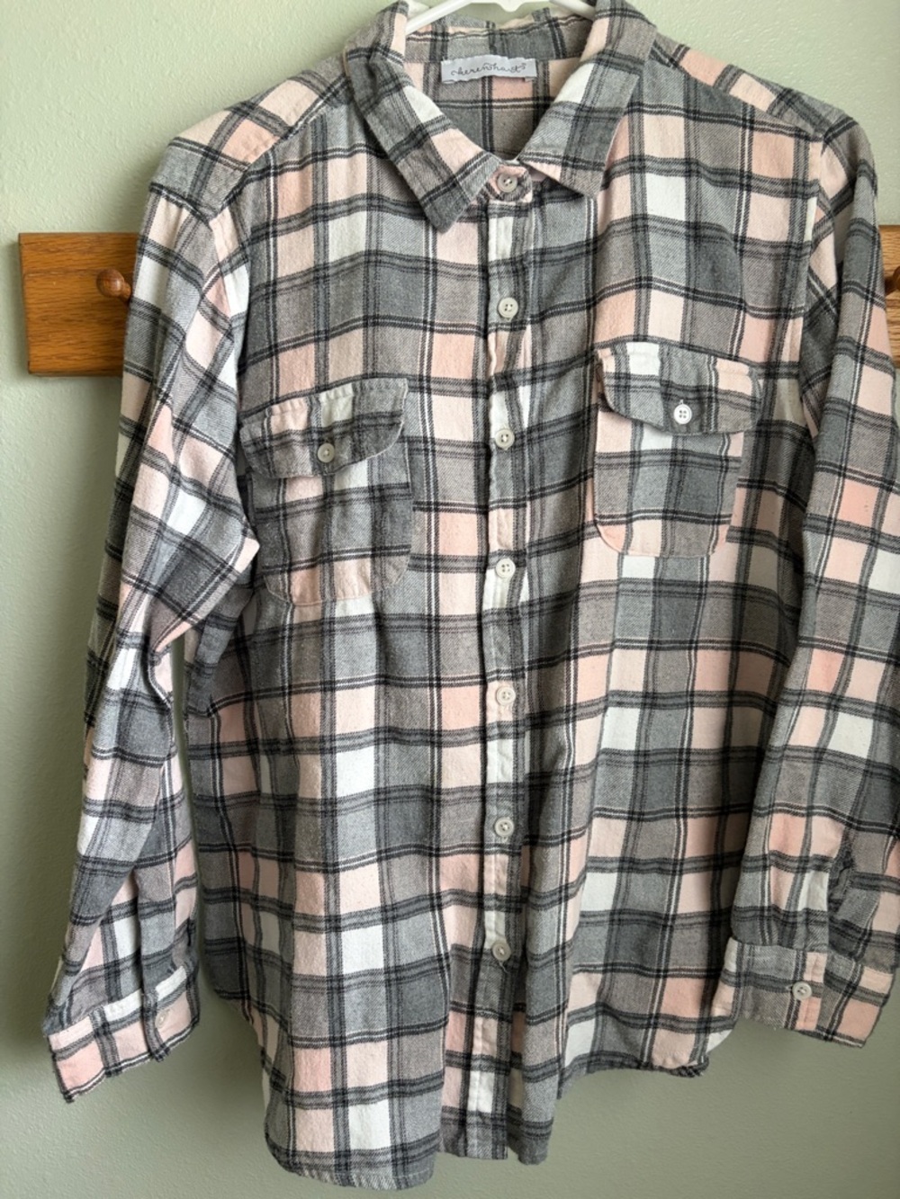 Plaid Button-Up Flannel Shirt in Blush, Gray & White